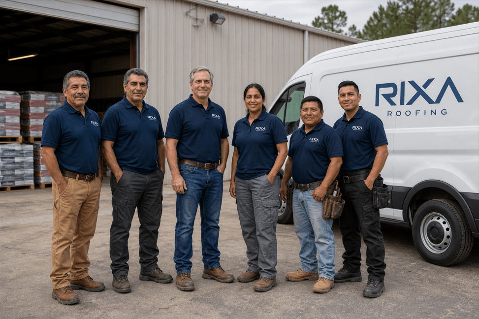 Six Rixa Roofing team members in navy company shirts, standing together beside a white van marked "Rixa Roofing" outside a shop bay stacked with pallets of shingles